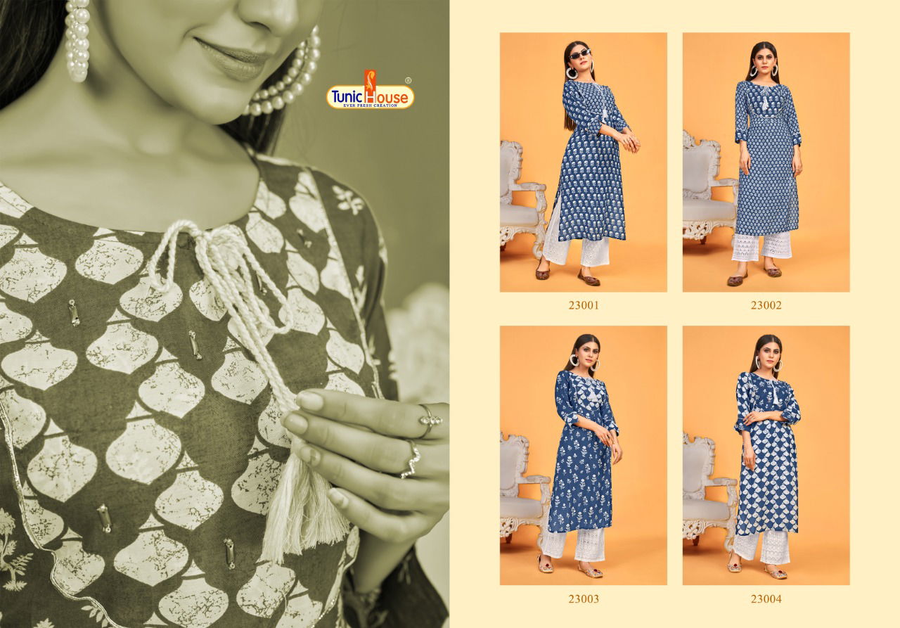 Tunic House Blue Sky Fancy Ethnic Wear Printed Kurti With Bottom Collection